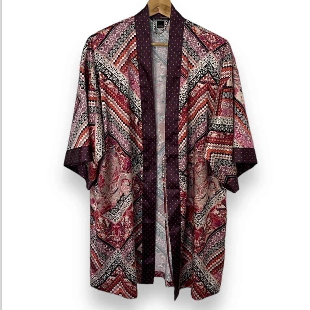 Victoria's Secret Boho Satin Kimono Bath Robe Faux Patchwork Maroon Women's XS/S